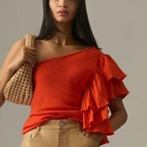 By Anthropologie One Shoulder Ruffle Top Orange in Sz XL
